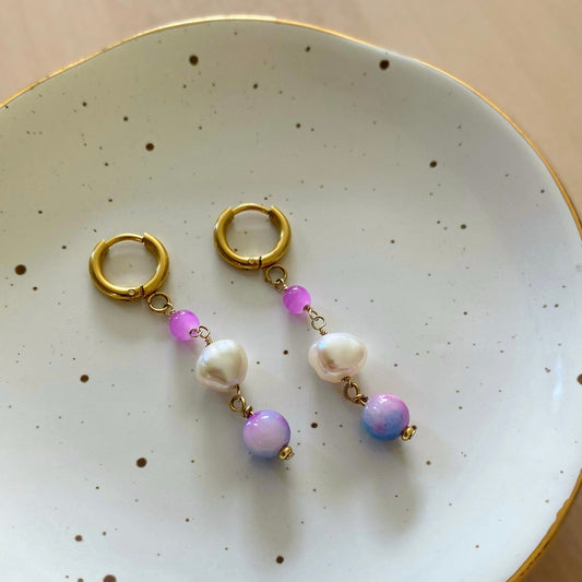 Stainless Steel Hoop Earrings with Freshwater Pearls and Gemstones